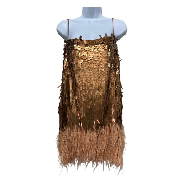 NWT Johanna Ortiz Chemical Attraction Metallic Feather Trim Minidress Gold Sz 10 - Picture 13 of 15